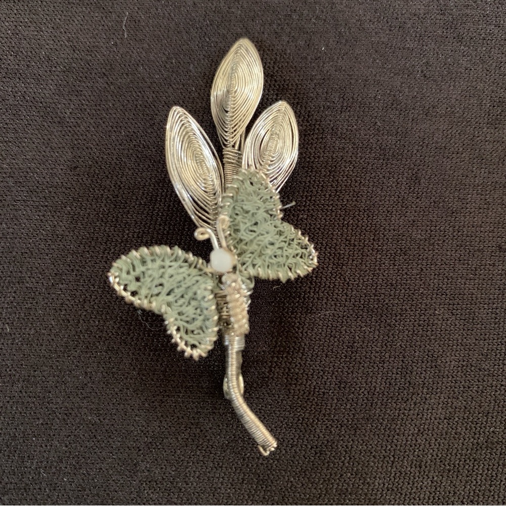 Vintage Silver Wire Wrapped Fine Spun Butterfly Leaf Brooch Pin MCM Handmade
